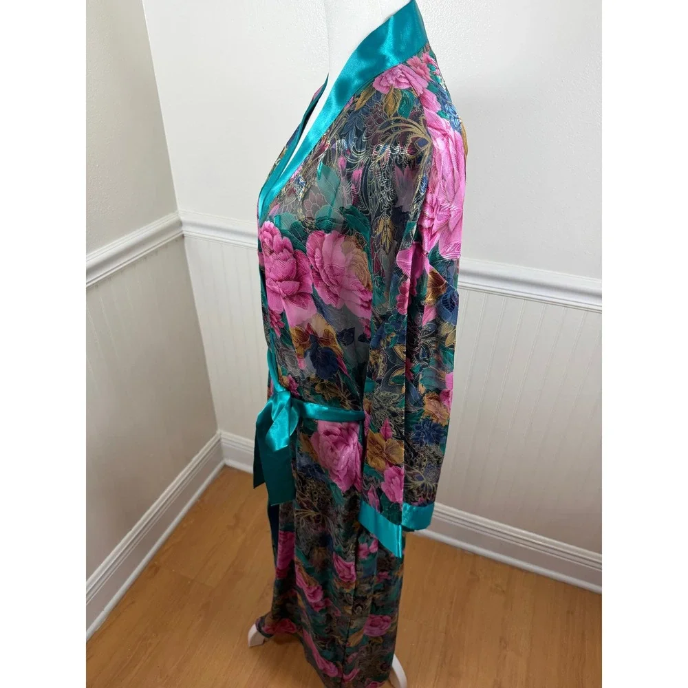 Inner Most Sears Vintage Long Floral Kimono Robe Teal‎ Trim Sheer Women Size L